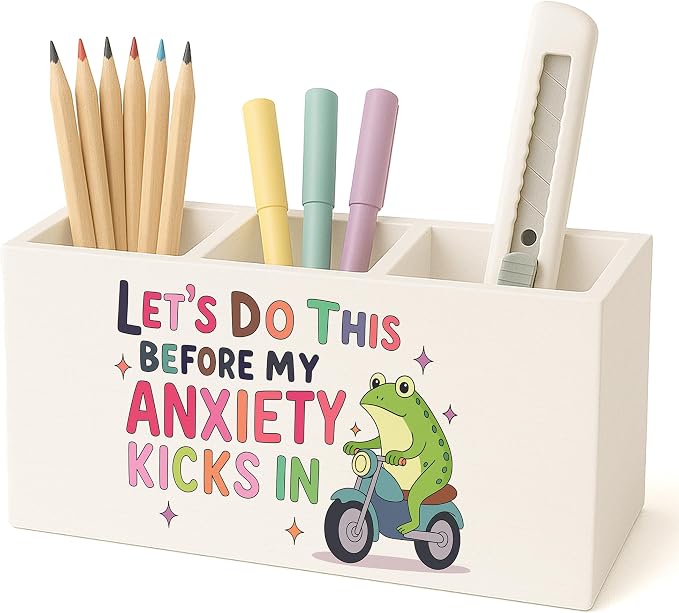 Funny Frog Mental Health Pen Pencil Holder for Desk, Therapy Office Decor, Let's Do This before My Anxiety Kicks in Pencil Holder for Desk Decor, School Counselor Office Must Haves