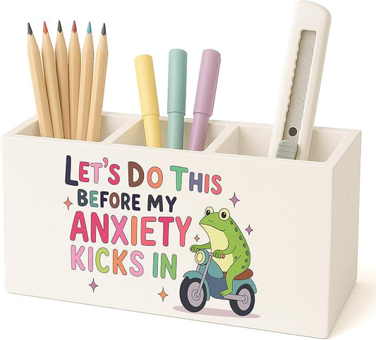 Funny Frog Mental Health Pen Pencil Holder for Desk, Therapy Office Decor, Let's Do This before My Anxiety Kicks in Pencil Holder for Desk Decor, School Counselor Office Must Haves