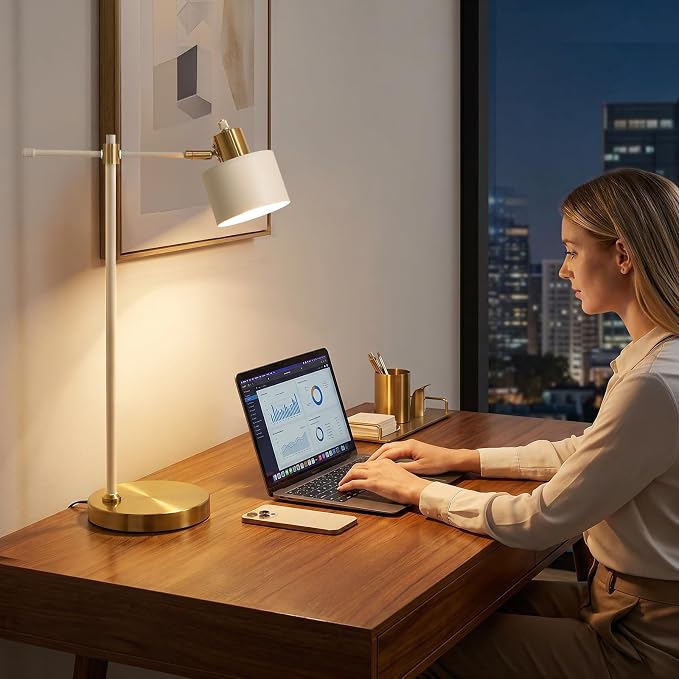 OYEARS 22.2" Modern Desk Lamp, Metal Table Lamp with LED Bulb, Adjustable Reading Lamps for Living Room, Mid Century Task Lamp for Home Office, Industrial Bedside Lamps, Cream and Gold