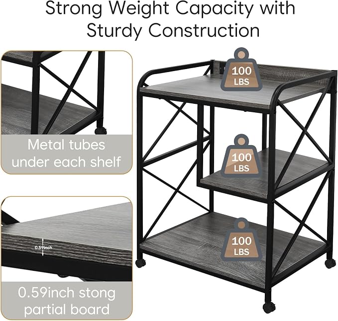 Printer Stand with Storage Shelf, Large Printer Table with Wheels for Home Office, 23 x 18 Inch Printer Shelf with Power Outlet USB Port, Computer Tower Stand, Grey