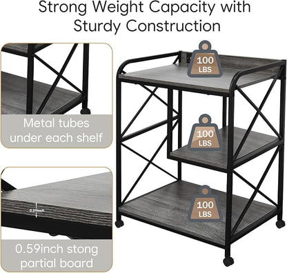Printer Stand with Storage Shelf, Large Printer Table with Wheels for Home Office, 23 x 18 Inch Printer Shelf with Power Outlet USB Port, Computer Tower Stand, Grey