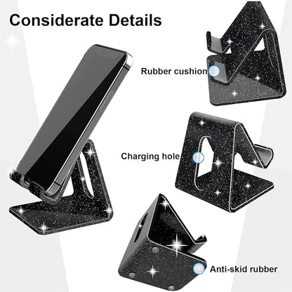 Crpich Acrylic Cell Phone Stand, Portable Phone Holder, Phone Stand for Desk, Compatible with Phone16 15 14 13 12 Pro Max Mini 11 Xr 8 Plus SE, Switch, Android Smartphone, Pad, Tablet, Glitter Black