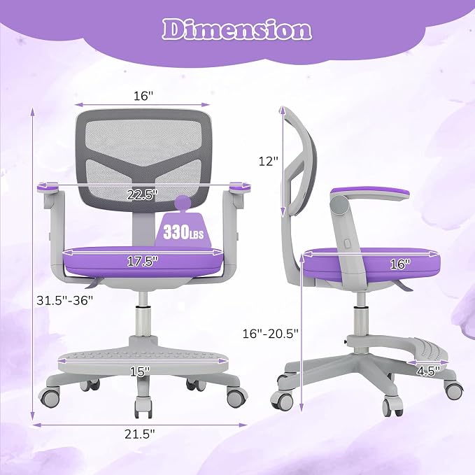 Giantex Kids Desk Chair, Ergonomic Adjustable Student Rolling Chair with Footrest & Flip-up Armrest, Mesh Children Office Chair with Universal Wheels, Kids Computer Chair for Boys & Girls, Purple