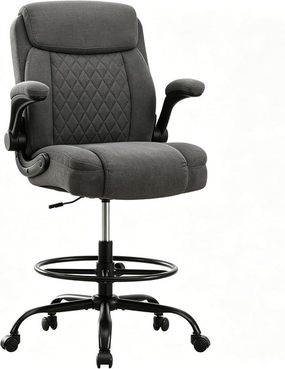 Drafting Chair Tall Office Chair for Standing Desk, Ergonomic Tall Desk Chair with Adjustable Foot Ring, Flip-Up Armrests, Lumbar Support, Swivel Rolling Task Chair for Home Office