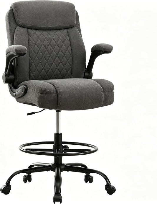 Drafting Chair Tall Office Chair for Standing Desk, Ergonomic Tall Desk Chair with Adjustable Foot Ring, Flip-Up Armrests, Lumbar Support, Swivel Rolling Task Chair for Home Office
