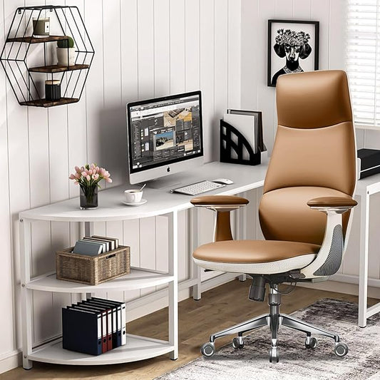 Ergonomic Genuine Leather Office Chair, Executive Chair with Tilt Adjustable High Back and Lumbar Support, 400lbs Weight Capacity Metal Base with 360° Flexible Wheels (Brown)