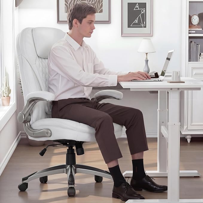 COLAMY Office Chair Ergonomic Desk Chair-Executive Office Chair with Upgraded Caters, High Back Computer Chair Flip-up Arms, Strong Metal Base, Swivel Leather Chair for Work/Study, 300lbs, White