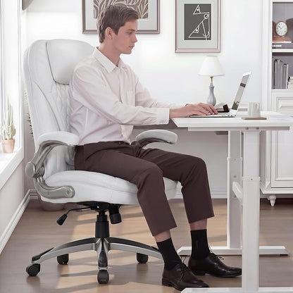 COLAMY Office Chair Ergonomic Desk Chair Set of 2-Executive Office Chair with Upgraded Caters, High Back Computer Chair Flip-up Arms, Swivel Leather Chair for Work/Study, 300lbs, White