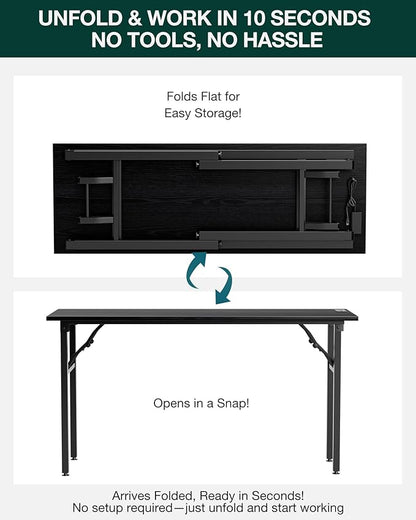Frylr Small Folding Computer Desk – 55.1 Inch Portable Table for Craft and Study, Lightweight Desk for Small Spaces, Foldable Laptop Table Built-in AC/USB Outlets for Convenience, Dark Oak