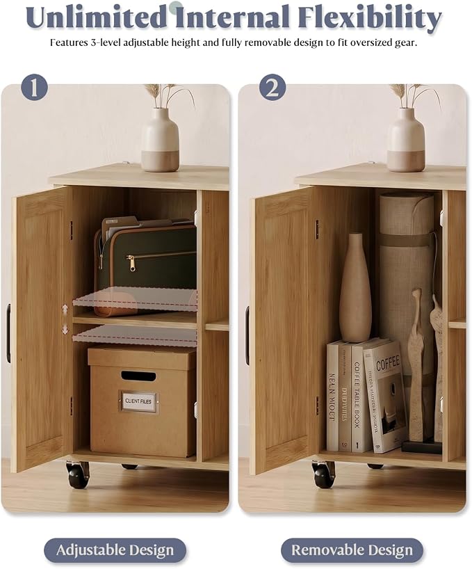 Lateral File Cabinets for Home Office, 2 Drawer and Doors Filing Cabinet with Lock, Wide Rattan Filing Organization Storage Cabinets with Printer Stand for Hanging Files/A4/F4 Size, Natural Wood