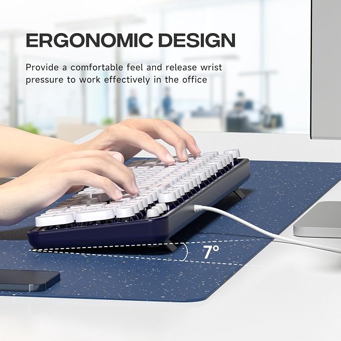 MOWUX Computer Keyboard Wired, Plug and Play USB Retro Round Typewriter Keyboard, Full Size Wired Keyboard with Foldable Stands for Laptop and Office PC- Dark Blue