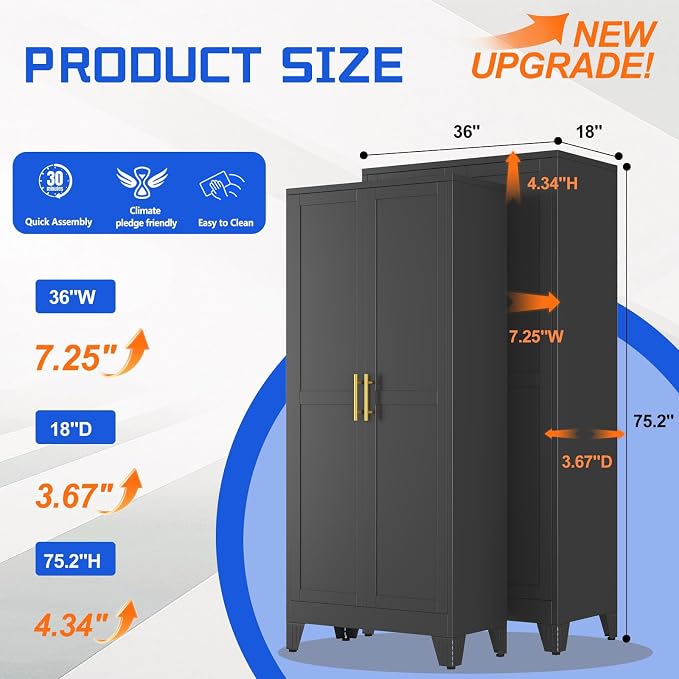 GAIOUS 75.2" Tall Metal Storage Cabinet with 2 Doors and 5 Adjustable Shelves, New upgrade Kitchen Pantry Cabinet, Black Freestanding Cupboard, 6 Tier Steel Storage for Office, Kitchen, Dining, Garage