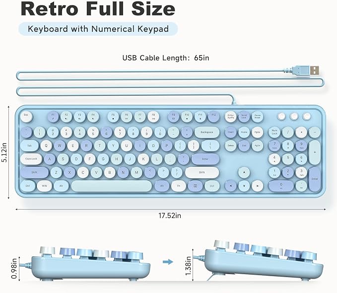 MOWUX Computer Keyboard Wired, Plug and Play USB Retro Round Typewriter Keyboard, Full Size Wired Keyboard with Foldable Stands for Laptop and Office PC- Blue Colorful