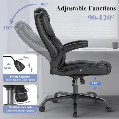 Ergonomic Executive Office Chair, Mid Back PU Leather Computer Desk Chair with Flip-Up Armrests, Lumbar Support, Adjustable Height and Rocking Function, Black