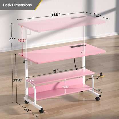 Armocity Rolling Standing Desk with Charging Station, Portable Height Adjustable Mobile Computer Desk with Wheels & 2-Tier Shelves & Hooks, Easy Assembly Laptop Table for Couch Bed, 32" Pink