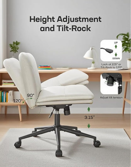 Marsail Armless-Office Desk Chair with Wheels: PU Leather Cross Legged Wide Chair,Comfortable Adjustable Swivel Computer Task Chairs for Home,Office,Make Up,Small Space,Bed Room, Gray Beige