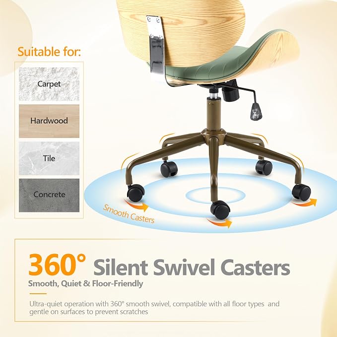 VINGLI Wide Comfotable Swivel Home Office Chair with Wood-Grain Curved Shell,Ergomomic Mid-Back Padded Armless Rolling Desk Chair with Wheels,Height Adjustable for Computer,Task,Work,PU Leather,Green