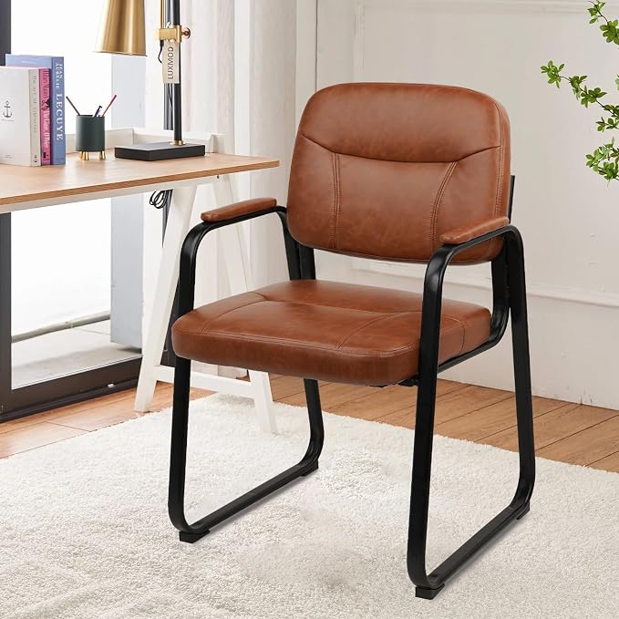 CLATINA Waiting Room Guest Chair with Bonded Leather Padded Arm Rest for Office Reception and Conference Desk Black with Sled Base Brown 6 Pack