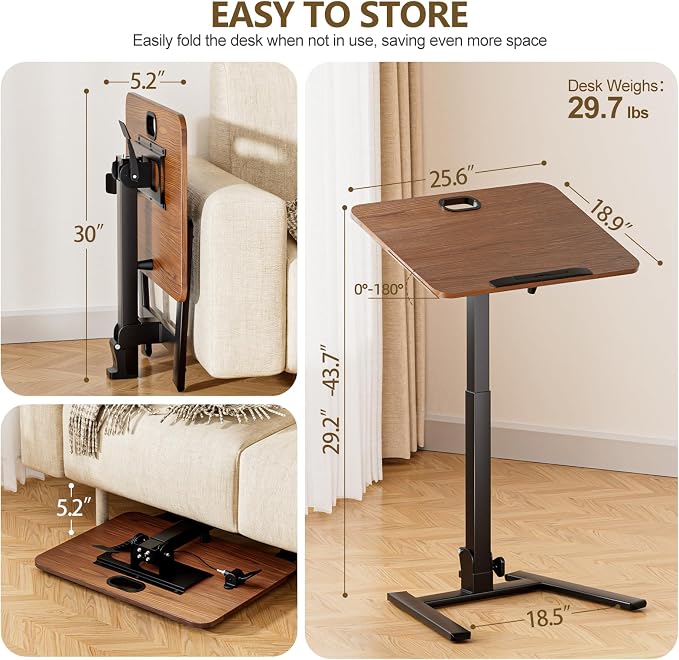25 Inch Mobile Foldable Standing Desk, 180 Degree Tiltable Portable Rolling Laptop Table, Height Adjustable Sit-Stand Desk with Wheels, No Assembly Computer Workstation for Home Office, Brown