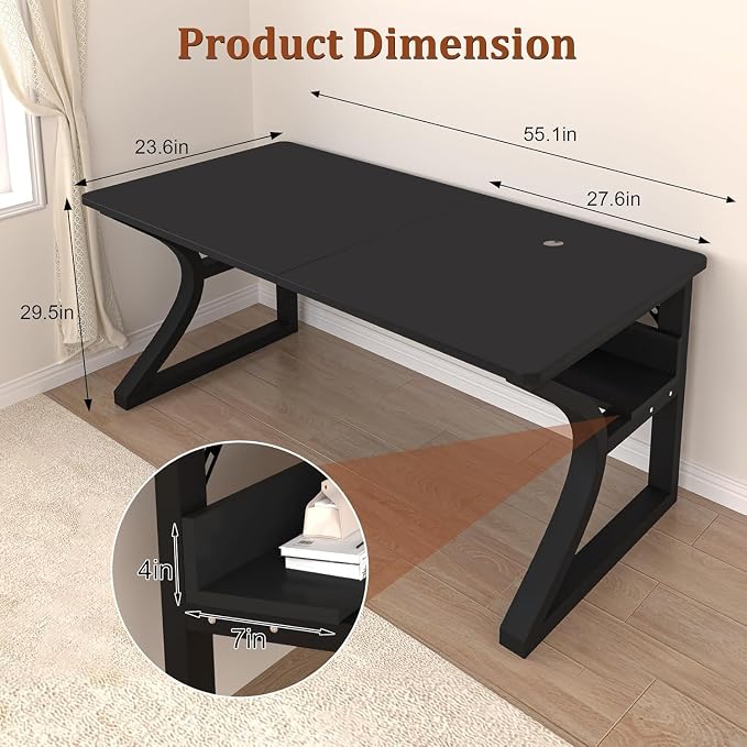 Computer Desk, 55Inch Computer Desk w/Storage Shelves, Home Office Desks w/U Shaped Metal Frame, Study Writing Desk w/Cable Management, Deeper & Thicker Desktop Table for Home Office (55inch-BK)