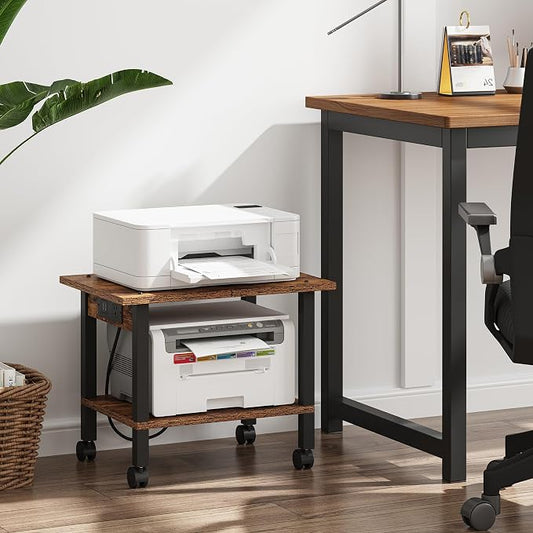 TUTOTAK 2 Tier Printer Stand, Rolling Printer Cart with Power Outlets and USB Ports, Mobile Printer Table with Wheels, for Under Desk, Office, Home,Brown PS01BB001P