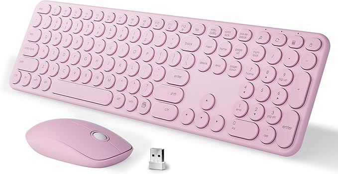 MPTOG Wireless Keyboard and Mouse Combo, Retro Round Typewriter Keys, 2.4G Silent Connection with Number Pad, Ergonomic Aesthetic Desk Set for Home Office, Laptop, PC, Mac (Pink)