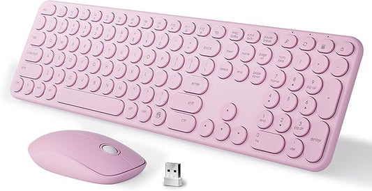 MPTOG Wireless Keyboard and Mouse Combo, Retro Round Typewriter Keys, 2.4G Silent Connection with Number Pad, Ergonomic Aesthetic Desk Set for Home Office, Laptop, PC, Mac (Pink)