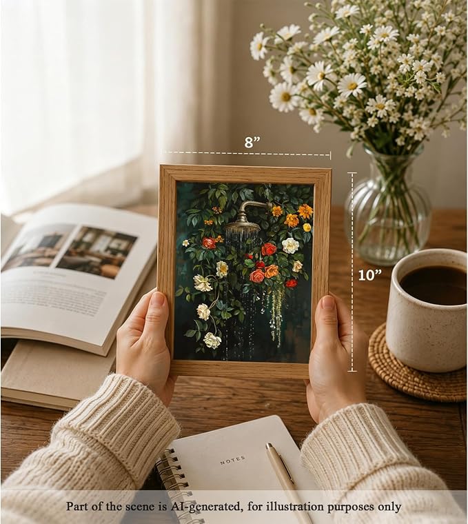CXQILVER Vintage Framed Floral Bathroom Wall Art Canvas, Green Botanical Flowers Shower Wall Decor, Rustic Farmhouse Bathroom Decor Aesthetic Picture Artwork for Bedroom Living Room Guest Bath 8x10in