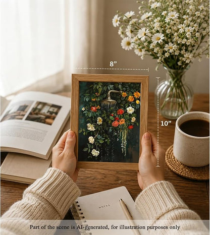 CXQILVER Vintage Framed Floral Bathroom Wall Art Canvas, Green Botanical Flowers Shower Wall Decor, Rustic Farmhouse Bathroom Decor Aesthetic Picture Artwork for Bedroom Living Room Guest Bath 8x10in