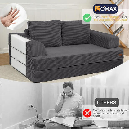 COMAX Convertible Sofa Bed, Folding Floor Couch Corduroy Fold Out Couch Bed Futon Sleeper Mattress with Pillows, Boneless Sofa Lounge Loveseat for Living Room, Grey