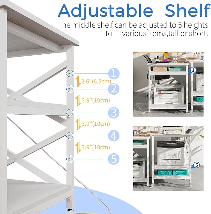 METYERRY Large Printer Stand with Power Outlet, with Height Adjustable Storage Shelf, 3 Tier Rolling Printer Cart with Industrial Wheels, 23.6 x 23.6 Inches Printer Table for Home Office, White