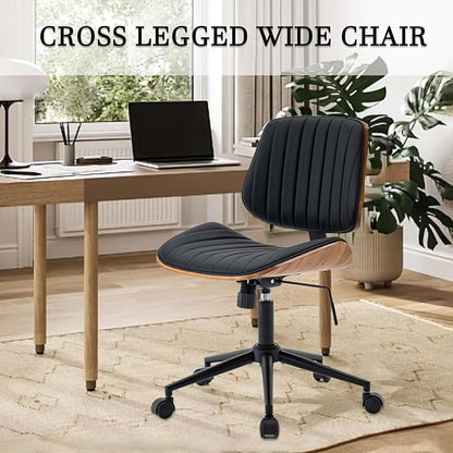 Modern Home Office Desk Chair with Wheels, PU Leather Swivel Computer Chair Armless Upholstered Cirss Cross Vanity Chair for Home Office, Meeting, Reading, Black