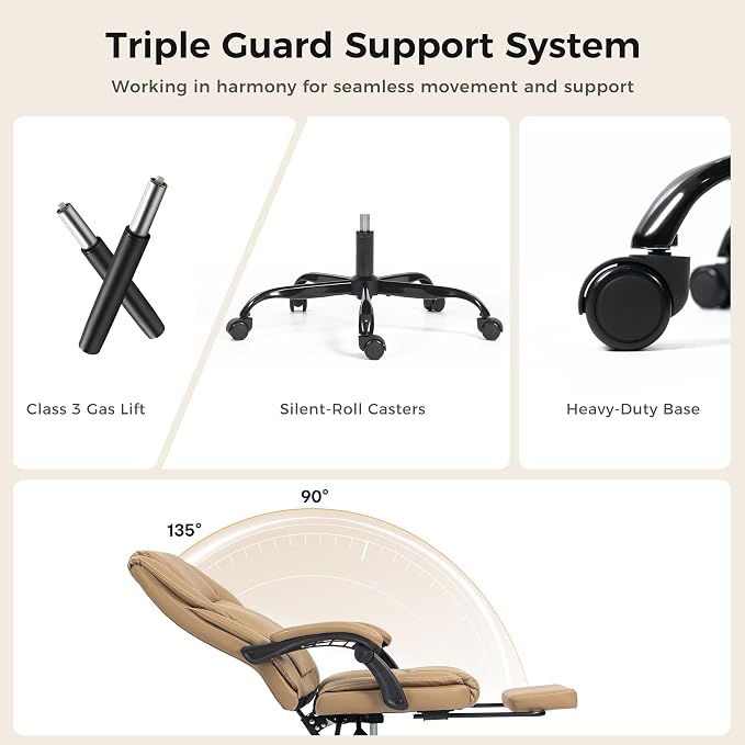 Office Chair with Footrest, Executive Breathable Leather Office Desk Chair with Lumbar Support - Ergonomic Comfy Wide Reclining Swivel Rolling Gaming Computer Chair with Adjustable 90-135° High Back