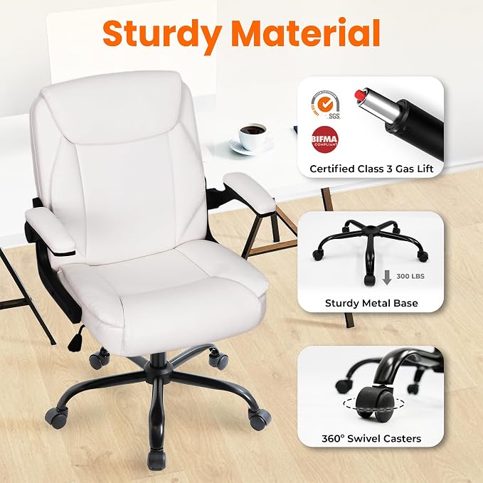 NEO CHAIR Desk Office Gaming Computer Chair Ergonomic Executive Mid-Back Leather with Adjustable Padded Flip-Up Armrests Cushion Wheels Swivel for Home Study Task (White)