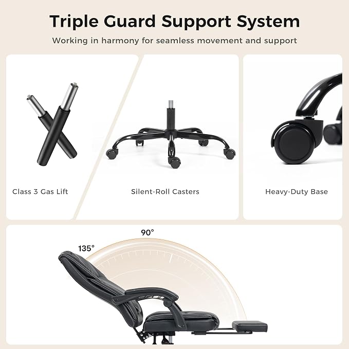 Office Chair with Footrest, Executive Breathable Leather Office Desk Chair with Lumbar Support - Ergonomic Comfy Wide Reclining Swivel Rolling Gaming Computer Chair with Adjustable 90-135° High Back