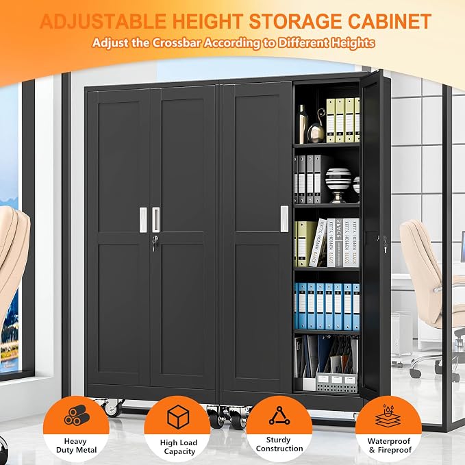 pozdeg 71" Metal Garage Storage Cabinets with Wheels, Lockable Rolling File Cabinets with 2 Doors and 4 Adjustable Shelves, Steel Tool Organizer Locker for Office Home Garage Gym School, Black