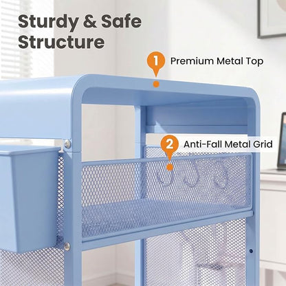 ECOLOVI 3 Tier Printer Stand for Under Desk, Height Adjustable Shelf Small Printer Table with 3 S-Hooks & Basket, Heavy Duty Industrial Storage Shelf for Home Office (Blue Metal)
