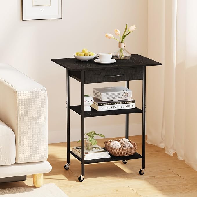 Arbuxzuy 3-Tier Printer Stand, Printer Table with Fabric Drawer, Industrial Printer Storage Cart with Wheels, Rolling Printer Stand for Heat Press Scanner Fax, Black