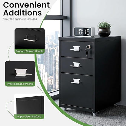 3-Drawer File Cabinet with Lock, Metal Mobile Filing Cabinet Vertical Storage Under Desk for Home Office Fits Legal Letter Document