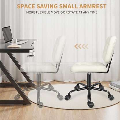 ERGOSEAT Armless Office Chair with Wheels, Small Desk Drafting Chair for Small Space, PU Leather Computer Task Chair, Height Adjustable Rolling Chair, Compact Chair for Home Office, Dorm, Vanity,White