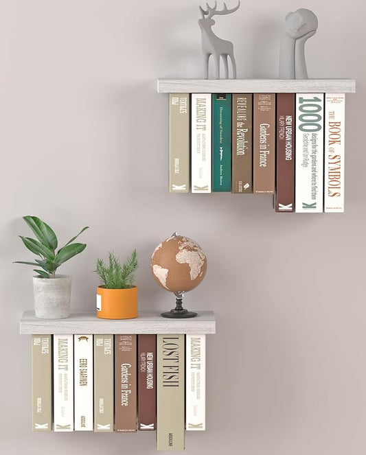 Floating Book Shelves for Wall Set of 2, Unique Wood Hanging Bookshelf | Easy Install Wall Bookshelf with Anti-Tilt Metal Bracket, Floating Bookshelf Storage Display Wall Shelves for Home Decor
