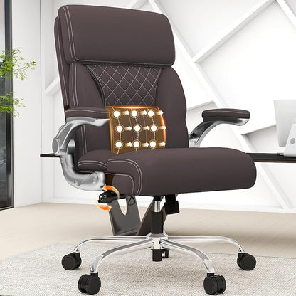 Ergonomic Leather Office Chair with Adjustable Lumbar Support, Flip-Up Armrests Desk Computer Chair, Swivel PC Chair with Rocking Function