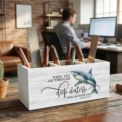 Christian Shark Pencil Pen Holder for Desk Organizer, Christian Gifts for Women Men, Coastal Beach Shark Bible Verse Wooden Box Decorations for Home Office Bedroom Desk Tabletop Decor