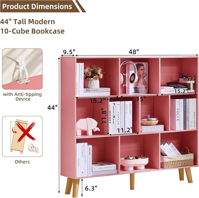 LEYAOYAO 10 Cube Bookshelf,3 Tier Modern Wide Bookcase with Legs,Mid-Century Wood Bookshelves Storage,Light Pink Large Book Case,Freestanding Organizer Display Shelf for Bedroom,Living Room,Office