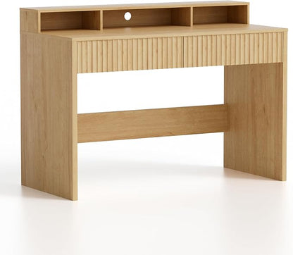 47" Executive Desk with Fluted Drawer, Modern Home Office Desk with Long Monitor Stand and 2 Drawers, Computer Writing Desk for Study Office Vanity, Natural Oak