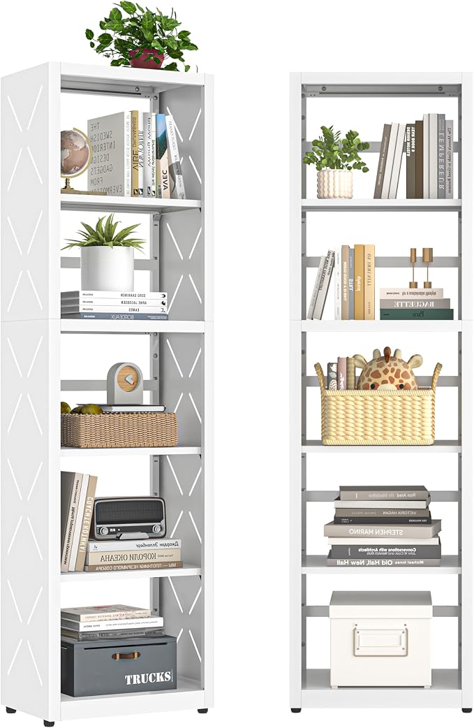 UNICOLY Bookshelves and Bookcases, 5 Tier Metal Bookshelf with Adjustable Shelves and Bookends, Open Shelf Bookcase, Display Shelves for Home Decor Bedroom, Living Room, Home Office, White