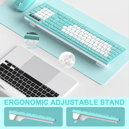 Wireless Keyboard and Mouse Combo, Full-Sized Quiet Wireless Keyboard and Adjustable DPI Mouse, 2.4GHz USB Receiver, Keyboard and Mouse for PC, Windows, Desktop, Laptop (Tiffany Blue and White-B)