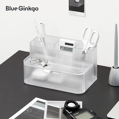 BLUE GINKGO Compact Desk Organizer – Small 5-Compartment, Half Drawer Storage – Pen Holder, Stationery Organizer for Desktop, Vanity, Shelf (Made in Korea, Transperent)