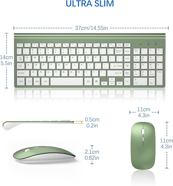 Wireless Keyboard and Mouse Ultra Slim Combo, TopMate 2.4G Silent Compact USB 2400DPI Mouse and Scissor Switch Keyboard Set with Cover, Batteries Included, for PC/Laptop/Windows/Mac - Green White