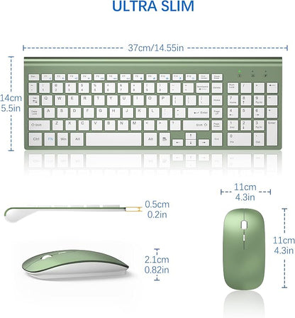 Wireless Keyboard and Mouse Ultra Slim Combo, TopMate 2.4G Silent Compact USB 2400DPI Mouse and Scissor Switch Keyboard Set with Cover, Batteries Included, for PC/Laptop/Windows/Mac - Green White